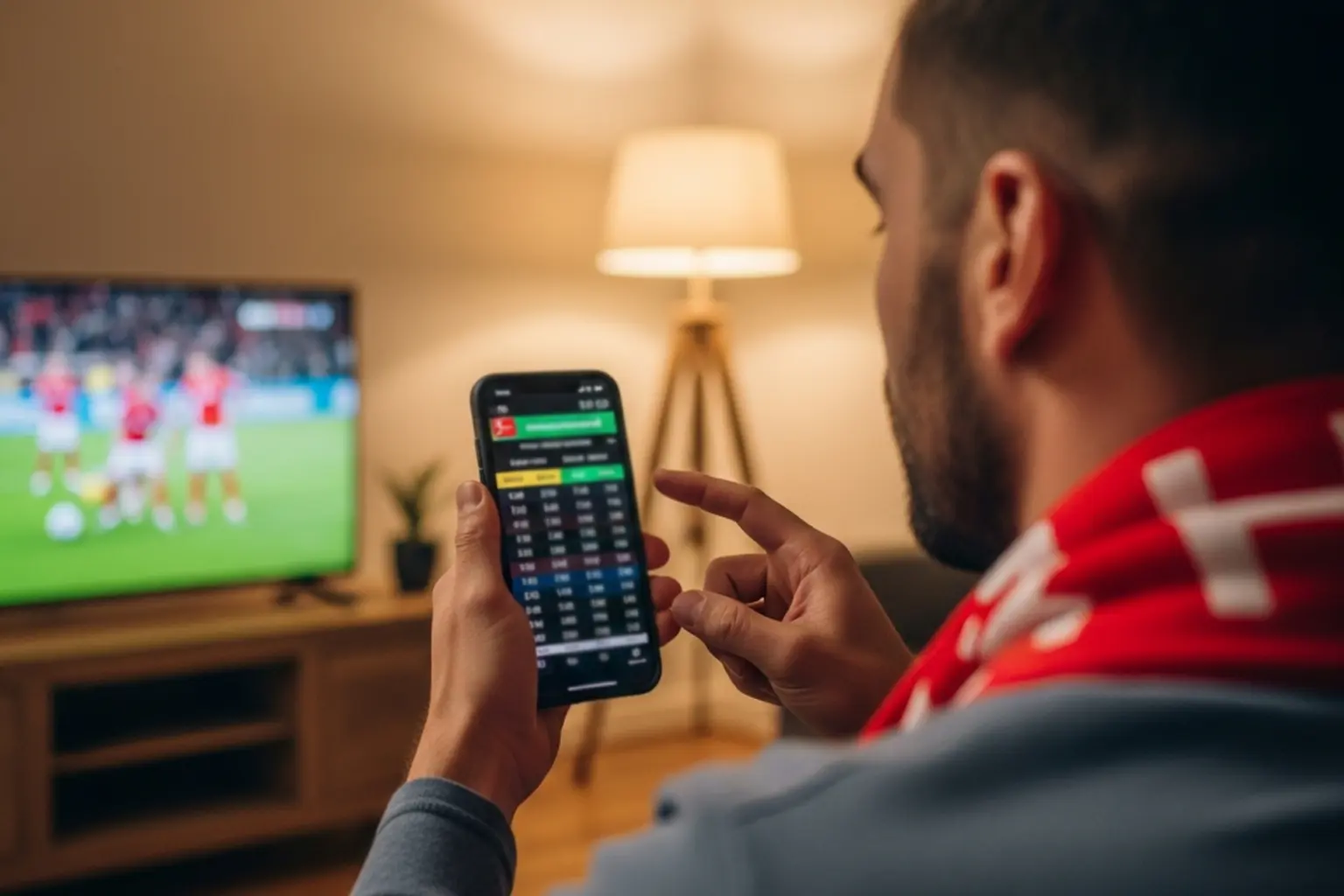 Fan schaut ein Bundesliga-Spiel und analysiert Wettquoten auf dem Smartphone