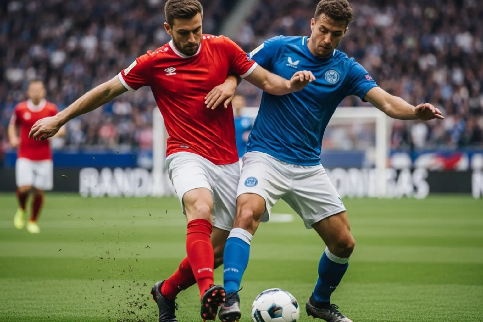 Zwei Bundesliga-Spieler im intensiven Zweikampf um den Ball auf gr&uuml;nem Rasen