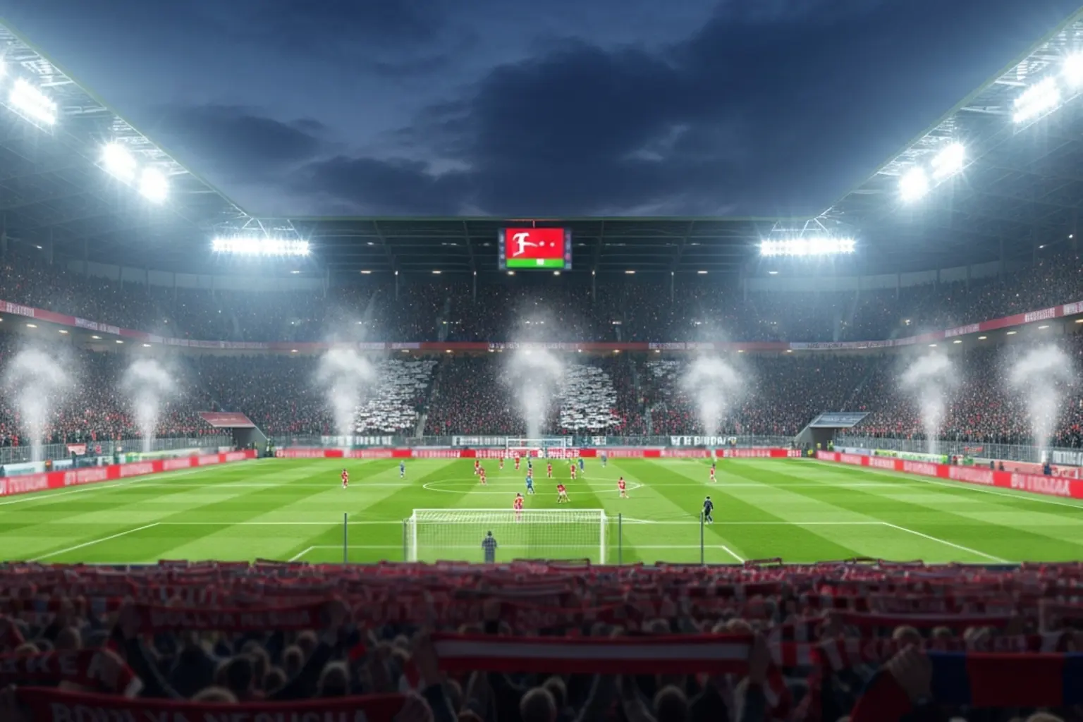 Bundesliga-Stadion mit begeisterten Fans und Flutlicht bei einem Abendspiel