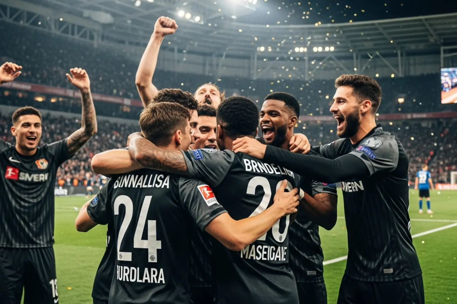 Bundesliga-Spieler jubeln nach einem Tor vor begeisterten Fans