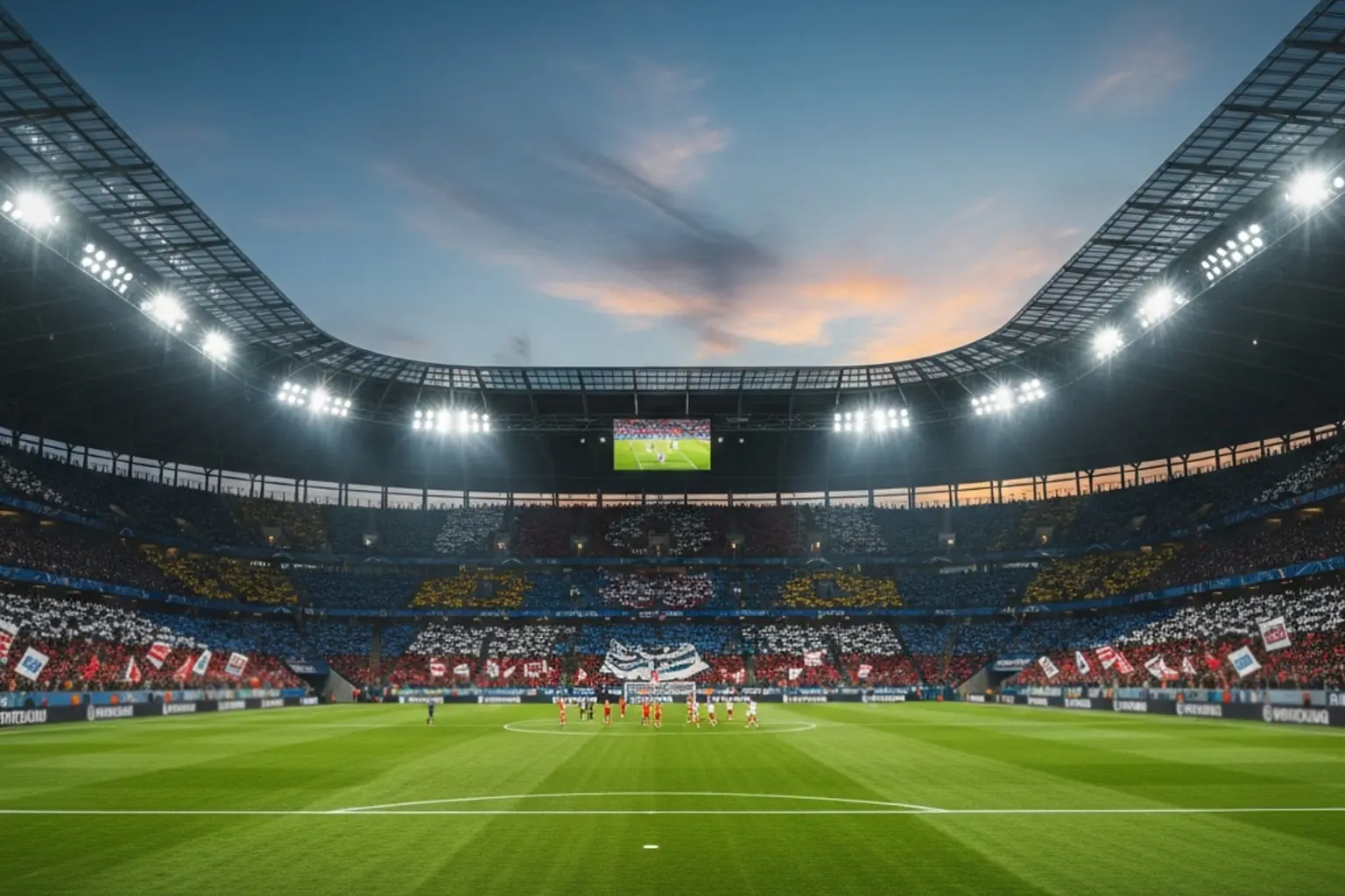 Beleuchtetes Fußballstadion bei einem europäischen Pokalspiel in der Abenddämmerung