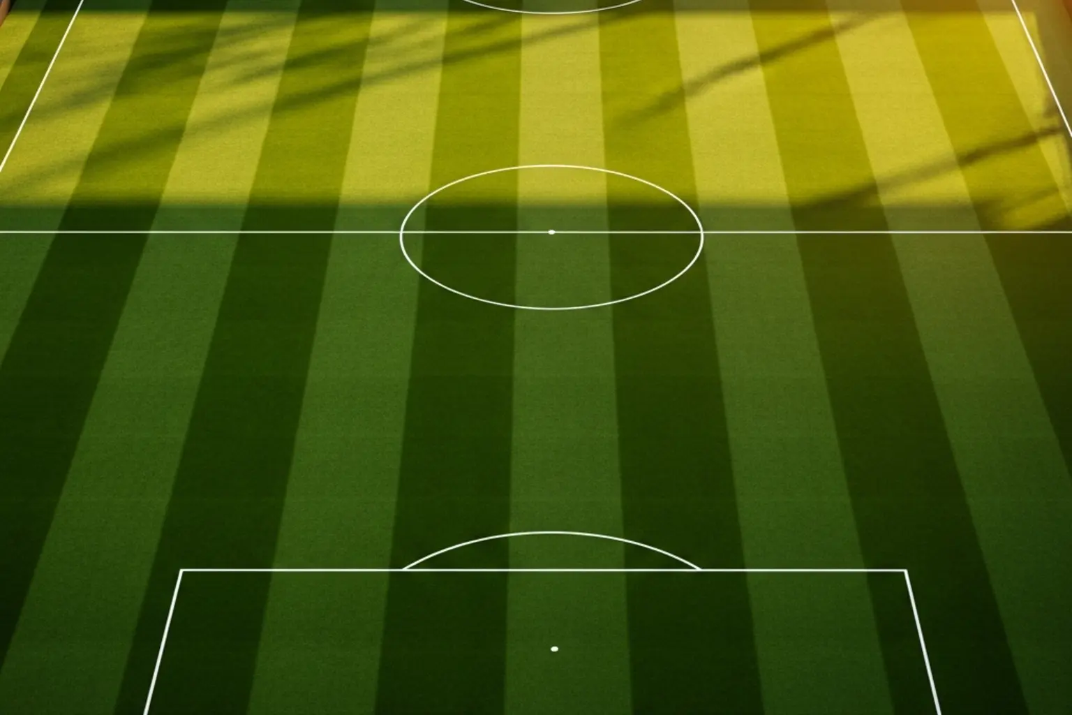 Blick auf ein grünes Fußballfeld mit Linienmarkierungen aus der Vogelperspektive