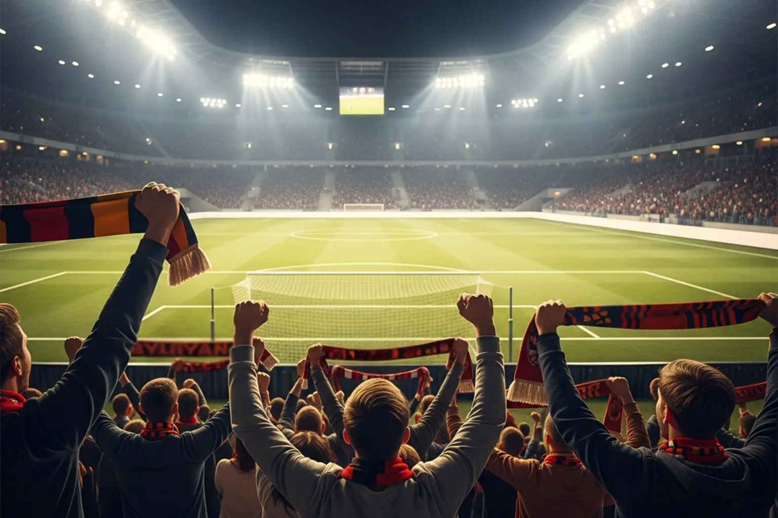Fußballfans verfolgen ein spannendes Spiel im Stadion bei Flutlicht