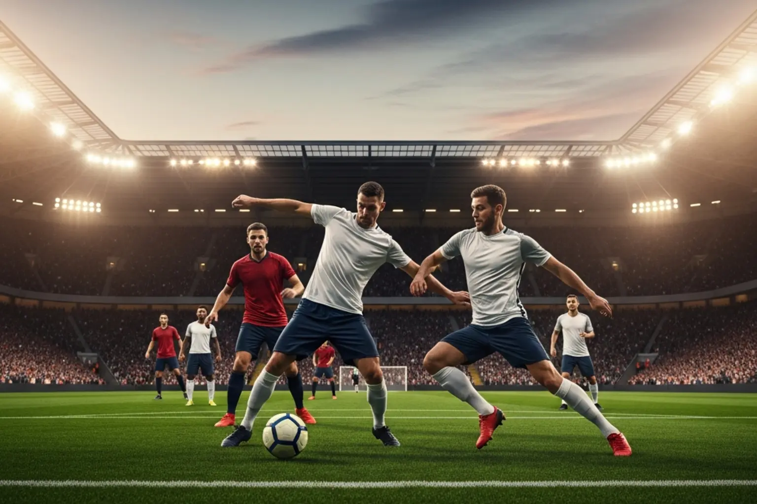 Spannendes Fußballspiel im Stadion bei Abendlicht
