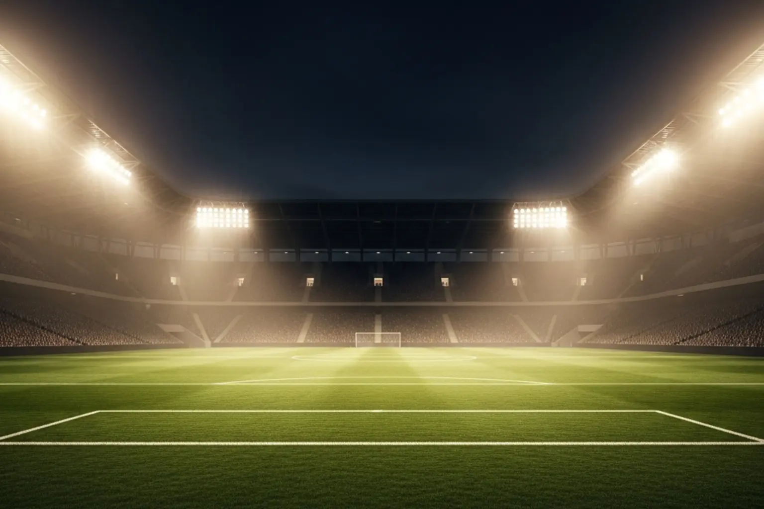 Fußballstadion bei Flutlicht mit dramatischer Atmosphäre