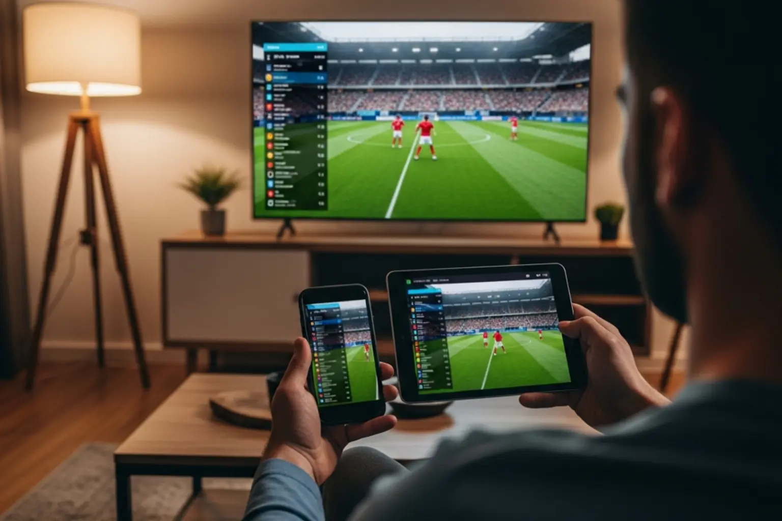 Fan verfolgt ein Fu&szlig;ballspiel auf mehreren Bildschirmen