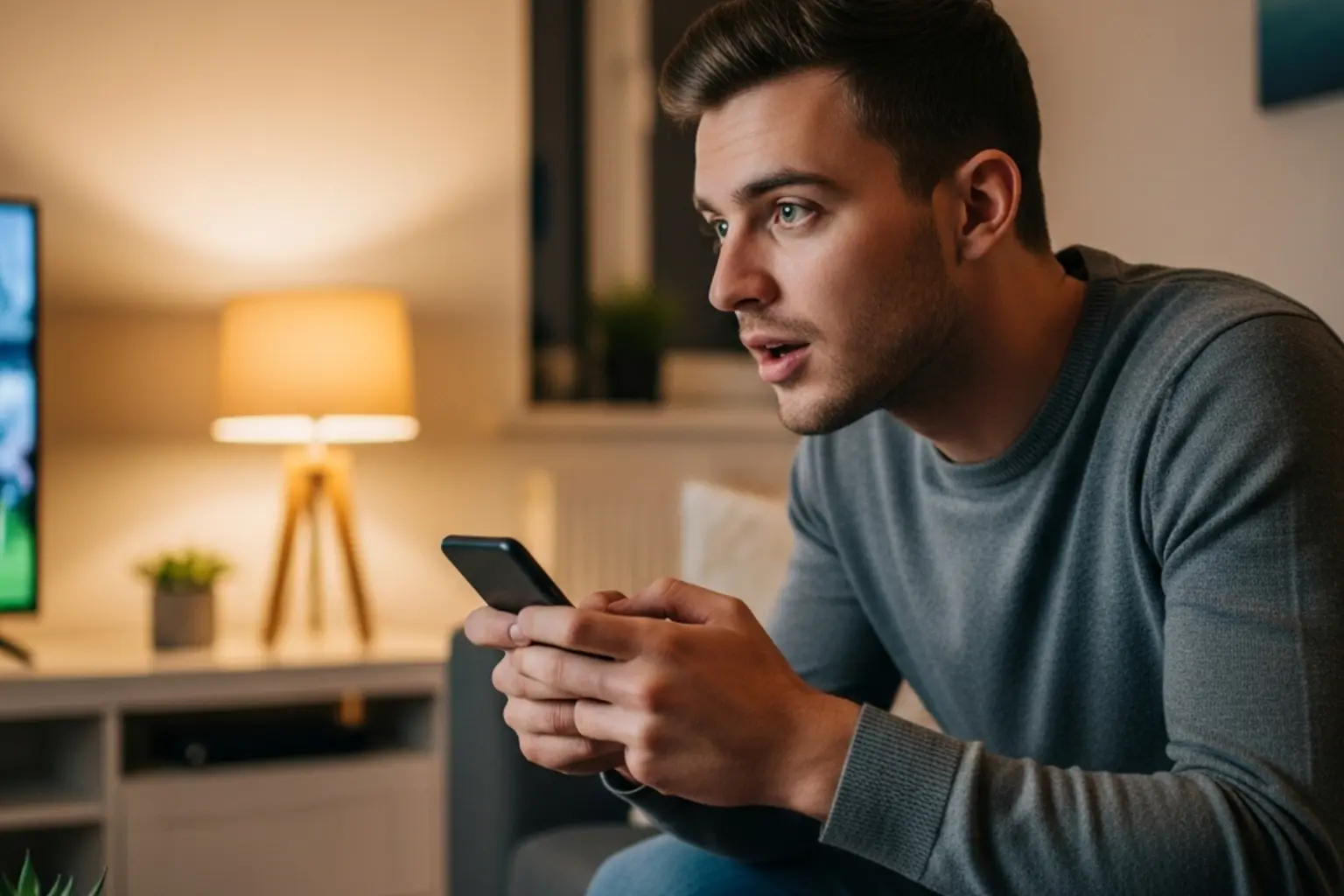 Fan schaut Fu&szlig;ball und nutzt sein Smartphone f&uuml;r Live-Wetten