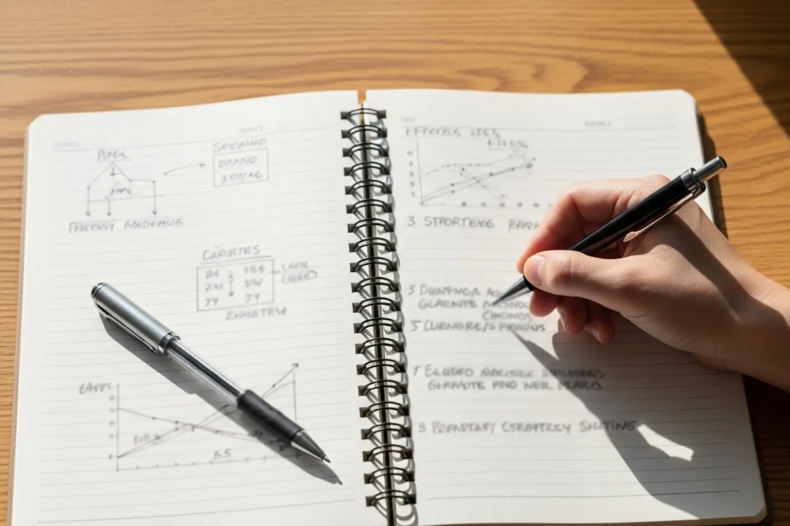 Offenes Notizbuch mit handschriftlichen Notizen und Stift auf einem Schreibtisch