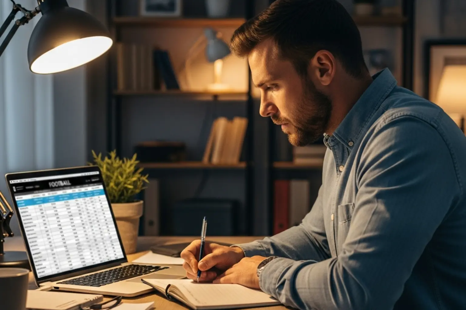 Mann analysiert Fu&szlig;ballstatistiken am Laptop