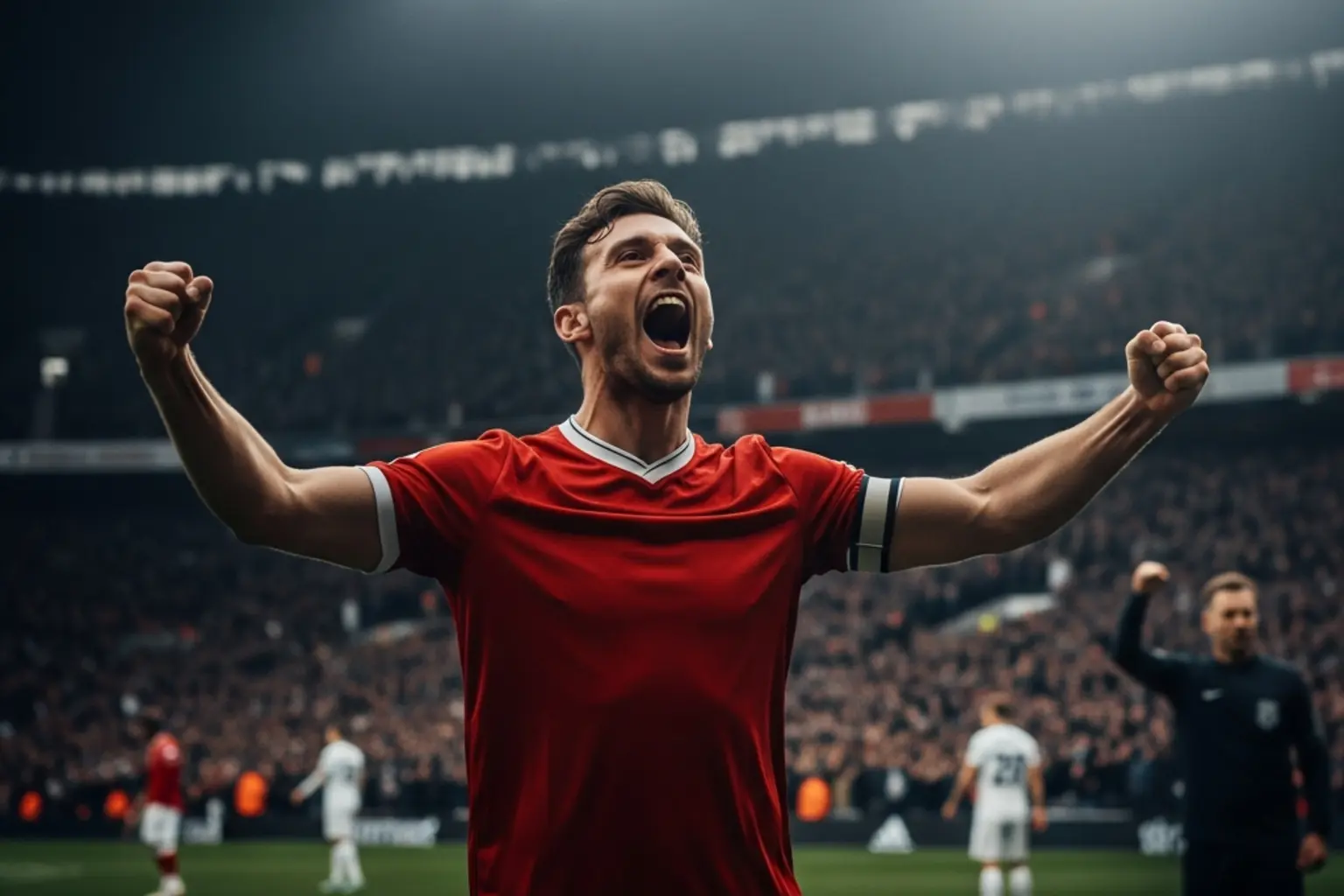 Fu&szlig;ballspieler jubelt nach einem Tor im Stadion vor Fans