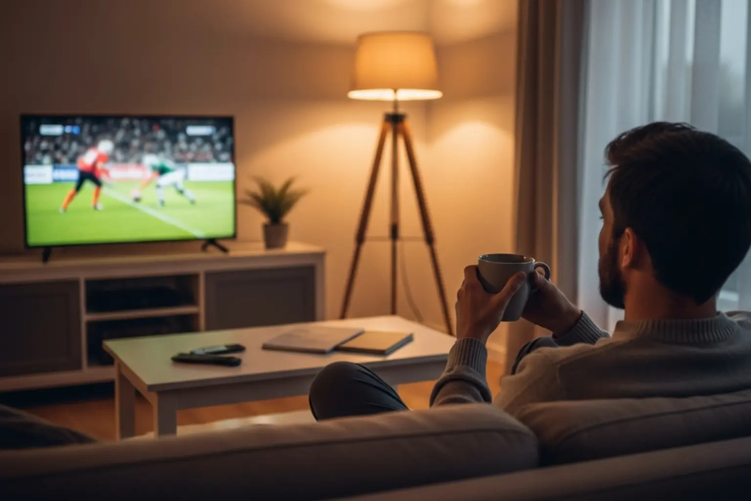 Entspannte Person schaut Fußball im gemütlichen Wohnzimmer