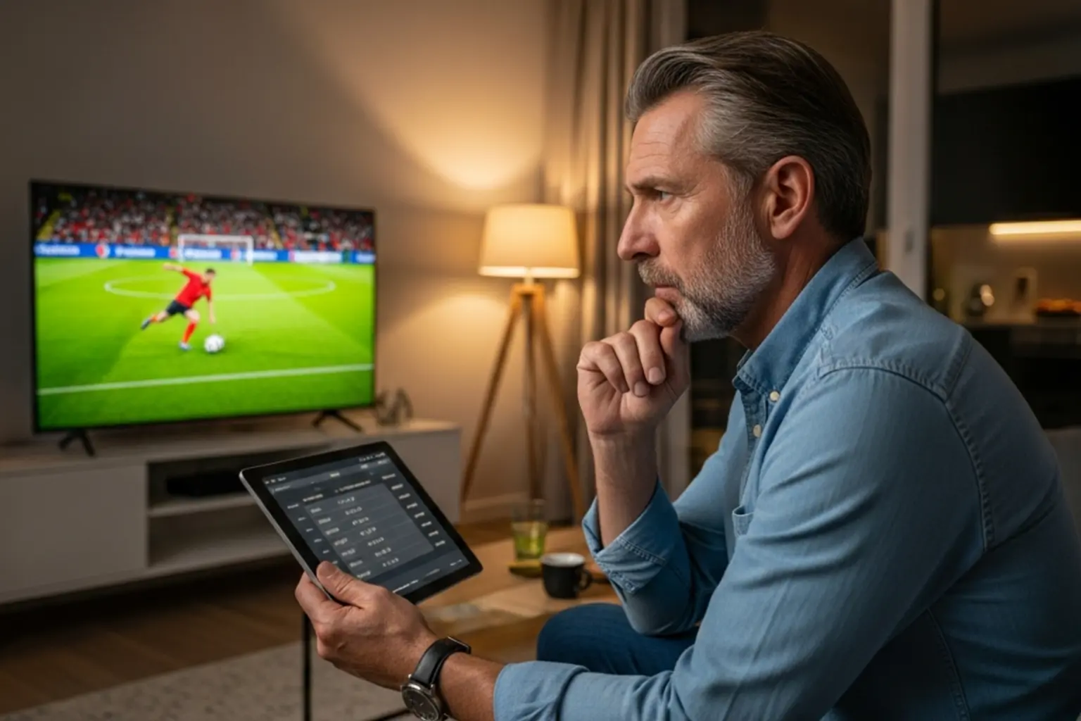 Konzentrierter Sportfan analysiert Statistiken vor dem Fernseher
