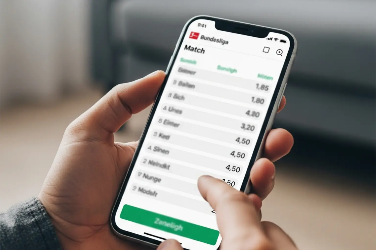Hand hält Smartphone mit digitalem Wettschein für ein Bundesligaspiel
